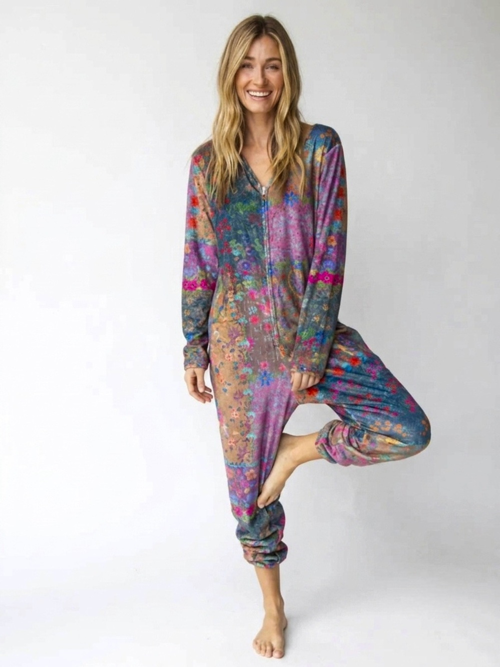 NATURAL LIFE FLEECE ONESIE PAJAMAS in VINTAGE ROSE PATCHWORK size XS